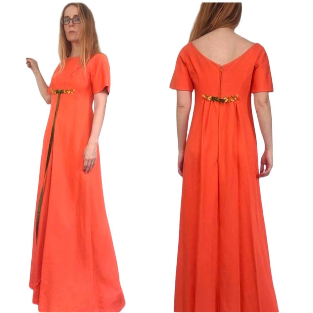 60s Orange Gown Maxi Dress Vintage Fall Formal Lorrie Deb XS